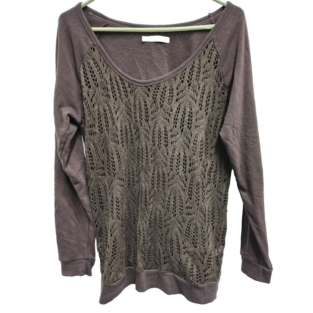Maurices Sweater Womens Size 1X BOHO Brown Crochet Soft Long Sleeve Pullover